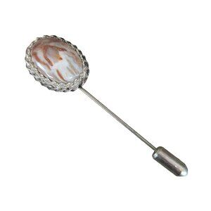 Vintage Natural Stone Cabochon Gemstone Agate Stick Pin Silvertone